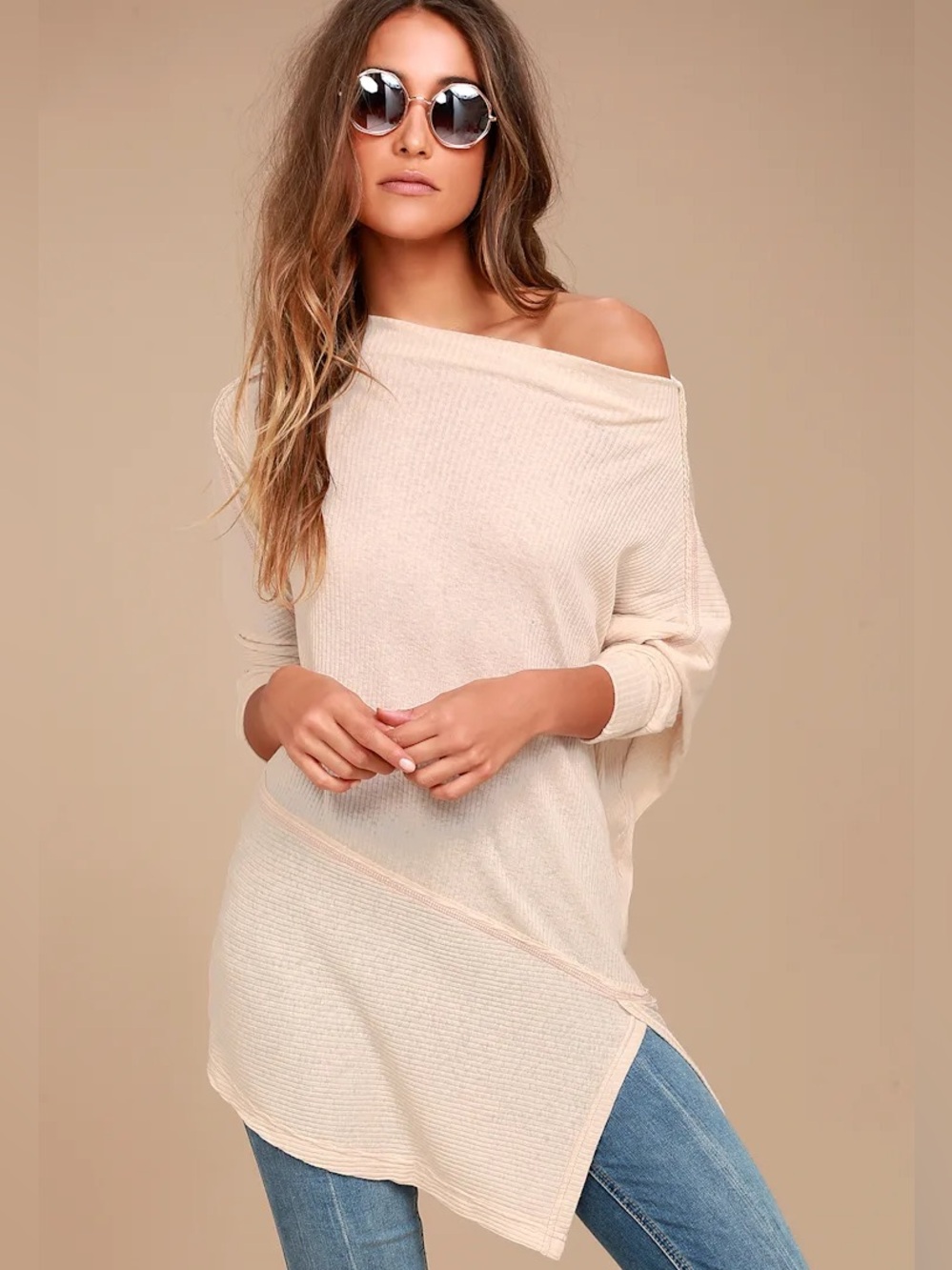 Free People Londontown Oversized Tunic Sweater Off Shoulder Beige Medium
